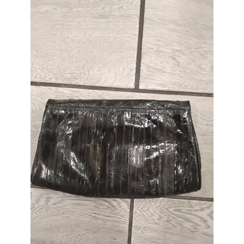 Vintage Genuine Eel Skin Clutch Bag Black Leather Evening Handbag Made in Korea